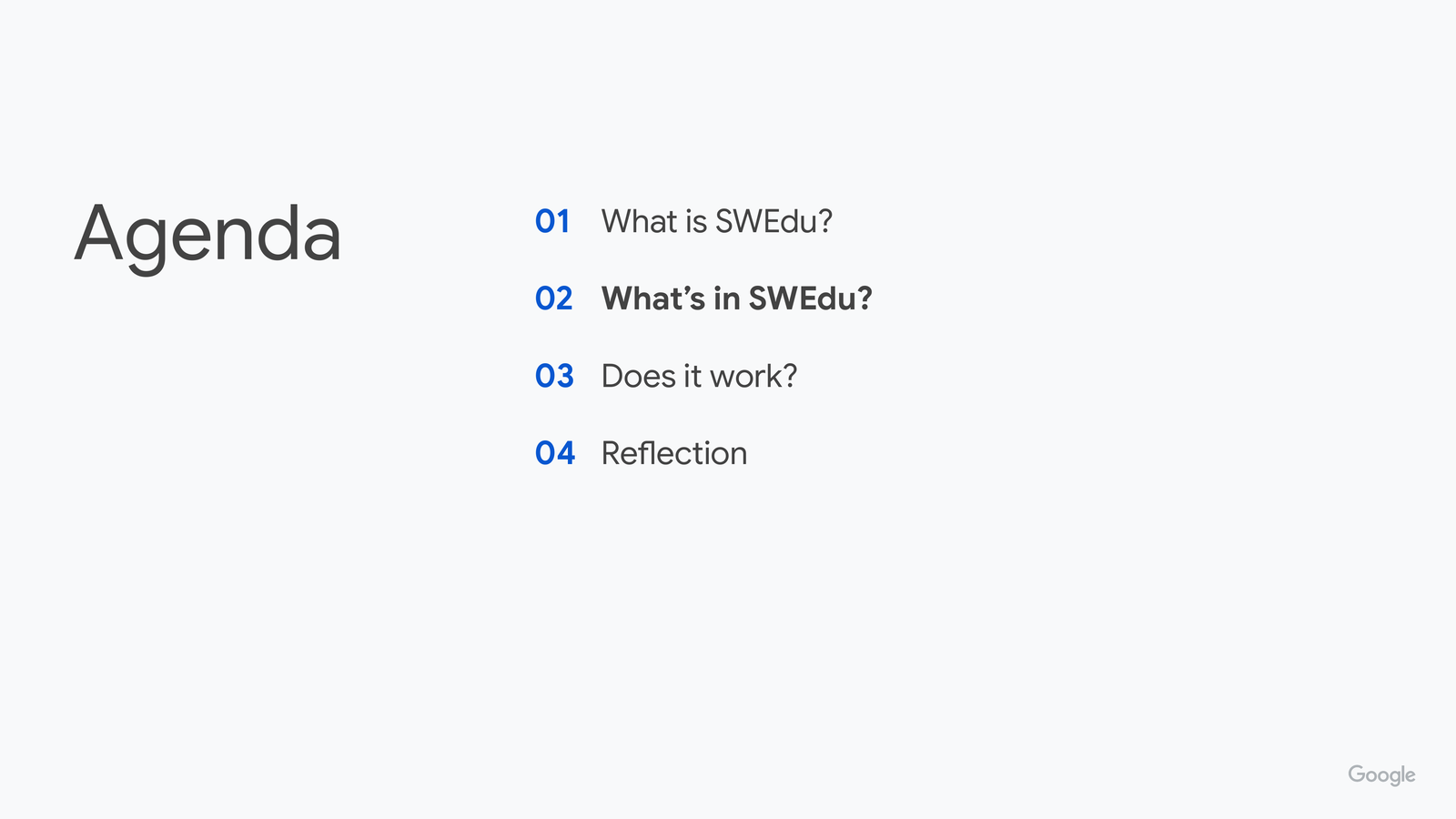 Agenda slide with '02 What's in SWEdu?' now bolded as current section.