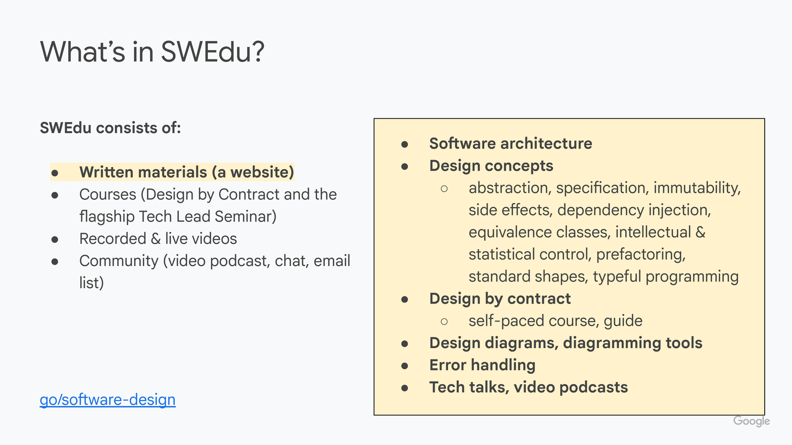 Same slide with 'Written materials' highlighted; right box lists design-concept vocabulary covered: quality as a strategy, functionality vs quality attributes/tradeoffs, design for testability/test-size tradeoffs, OODA loop (quick feedback, shift-left), design by contract, intellectual and statistical control, stable code (E-type and S-type, stable sub-problems), flaky vs brittle tests, and actionable test failures.