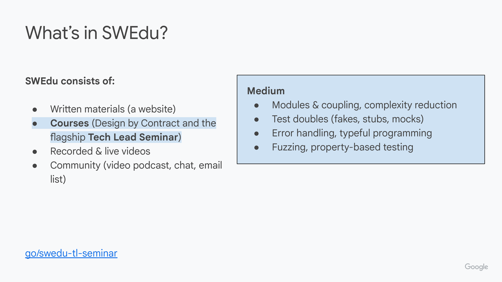 Same slide, right box shows 'Medium' topic details: modules and coupling / complexity reduction, test doubles (fakes, stubs, mocks), error handling and typeful programming, fuzzing and property-based testing.