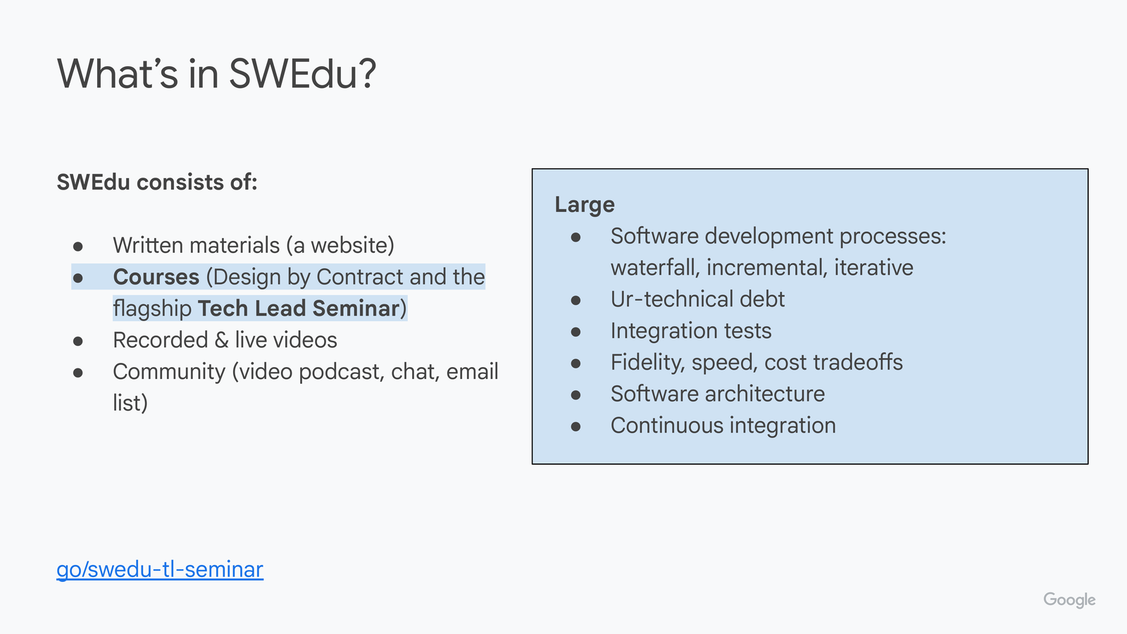 Same slide, right box shows 'Large' topic details: software development processes (waterfall, incremental, iterative), ur-technical debt, integration tests, fidelity/speed/cost tradeoffs, software architecture, continuous integration.