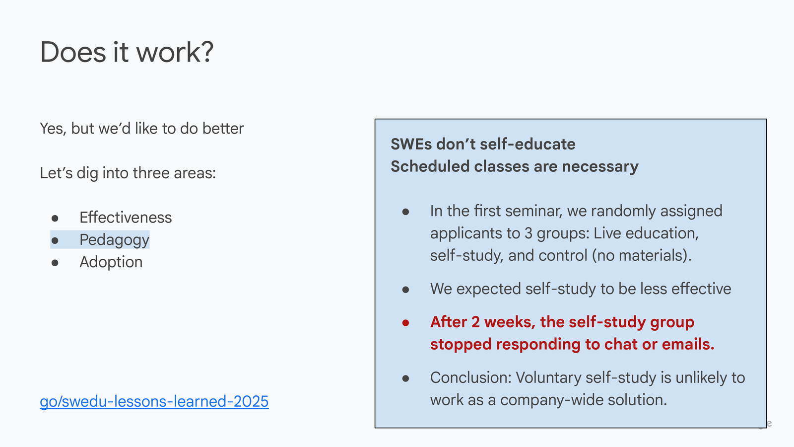 Does it work? slide with 'Pedagogy' highlighted. Right box describes a controlled experiment: 90 candidates split into three groups of 30 — a control group, a written-materials-only group, and a live-class-plus-materials group. The written-materials-only group disengaged ('ghosted') within about two weeks.