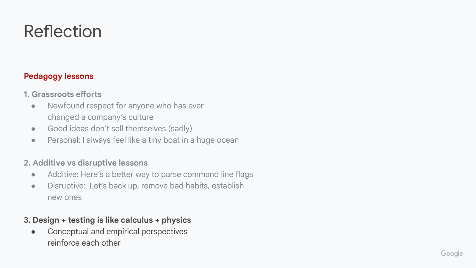 Reflection slide, third lesson added: design and testing complement each other like calculus and physics — one abstract, one applied — and alternating between the two makes lessons stick.